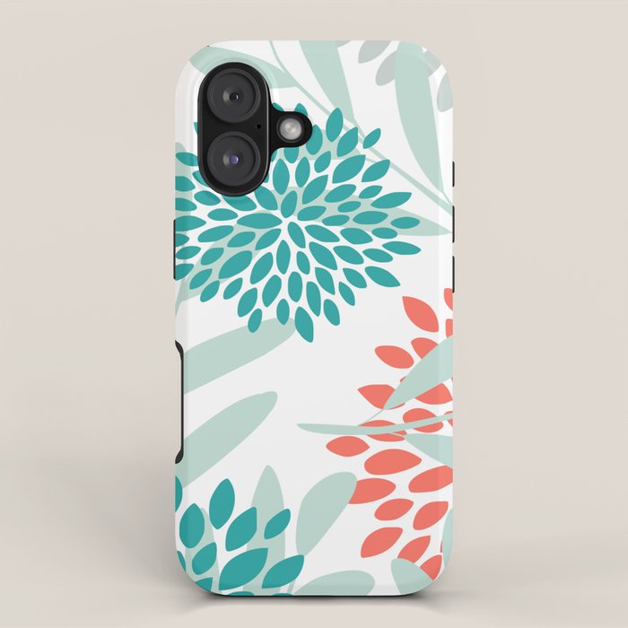 Festive, Floral Leaves and Blooms Coral, Teal Green and White iPhone Case Gallery Image 1