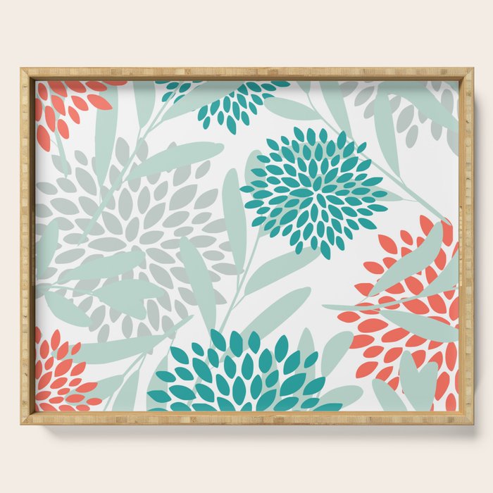 Festive, Floral Leaves and Blooms Coral, Teal Green and White Serving Tray Gallery Image 1