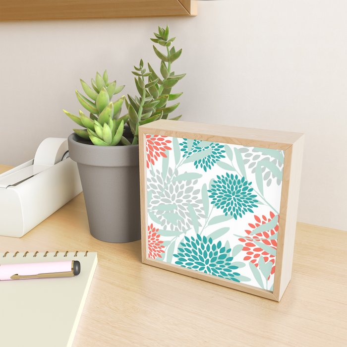Festive, Floral Leaves and Blooms Coral, Teal Green and White Mini Art Print Gallery Image 2