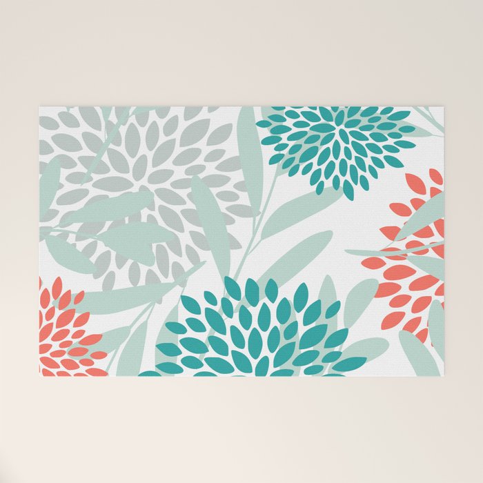 Festive, Floral Leaves and Blooms Coral, Teal Green and White Welcome Mat Gallery Image 1