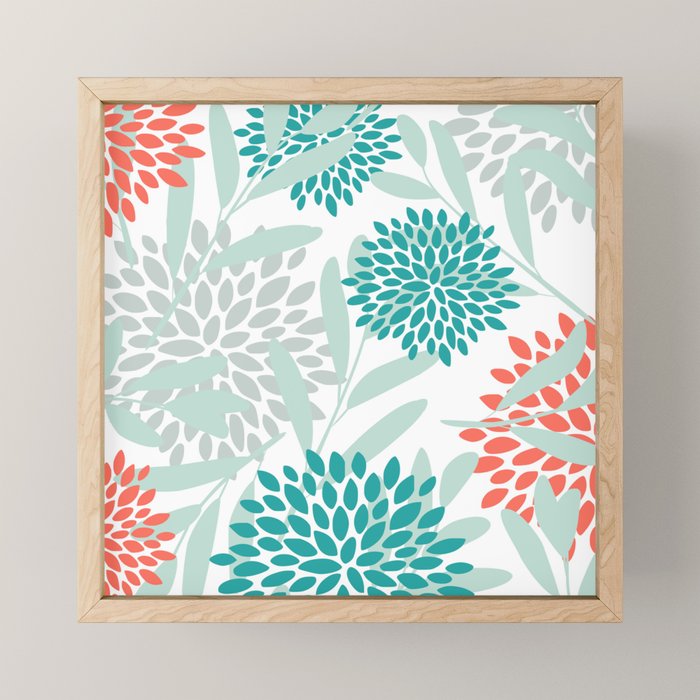 Festive, Floral Leaves and Blooms Coral, Teal Green and White Mini Art Print Gallery Image 1