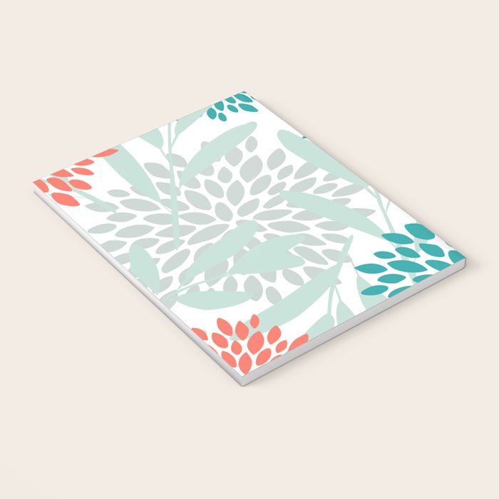 Festive, Floral Leaves and Blooms Coral, Teal Green and White Notebook Gallery Image 3