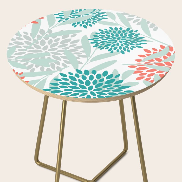 Festive, Floral Leaves and Blooms Coral, Teal Green and White Side Table Gallery Image 2