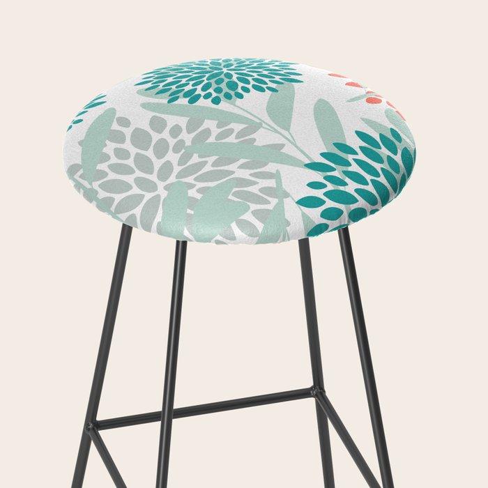 Festive, Floral Leaves and Blooms Coral, Teal Green and White Stool Gallery Image 2
