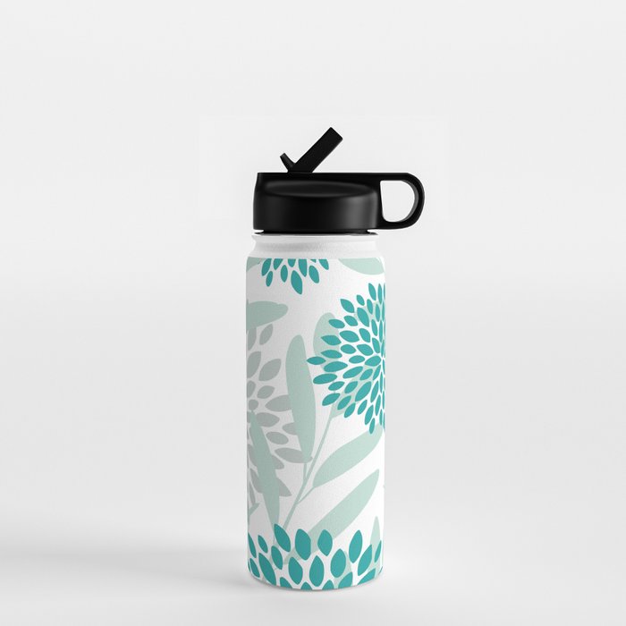 Festive, Floral Leaves and Blooms Coral, Teal Green and White Water Bottle Gallery Image 1