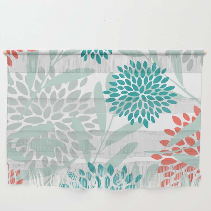 Festive, Floral Leaves and Blooms Coral, Teal Green and White Wall Hanging Gallery Image 1