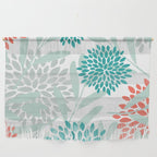 Festive, Floral Leaves and Blooms Coral, Teal Green and White Wall Hanging Gallery Image 1