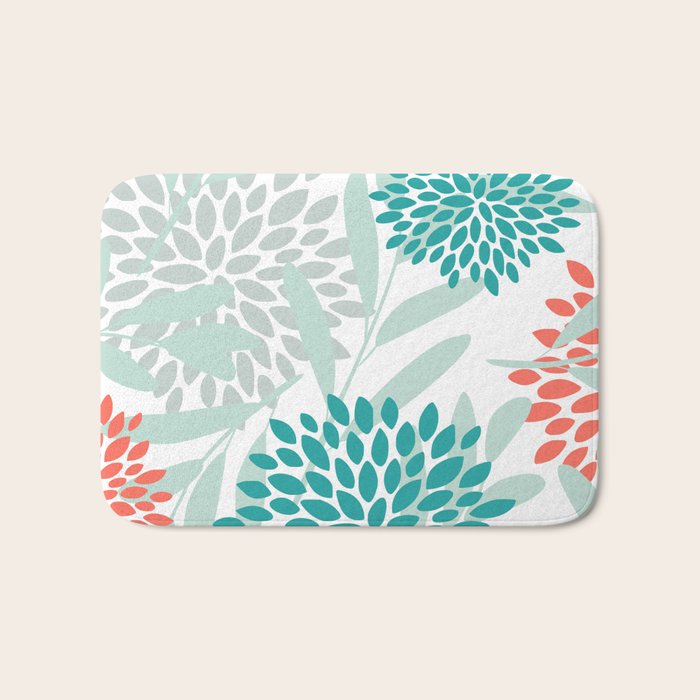 Festive, Floral Leaves and Blooms Coral, Teal Green and White Bath Mat Gallery Image 1