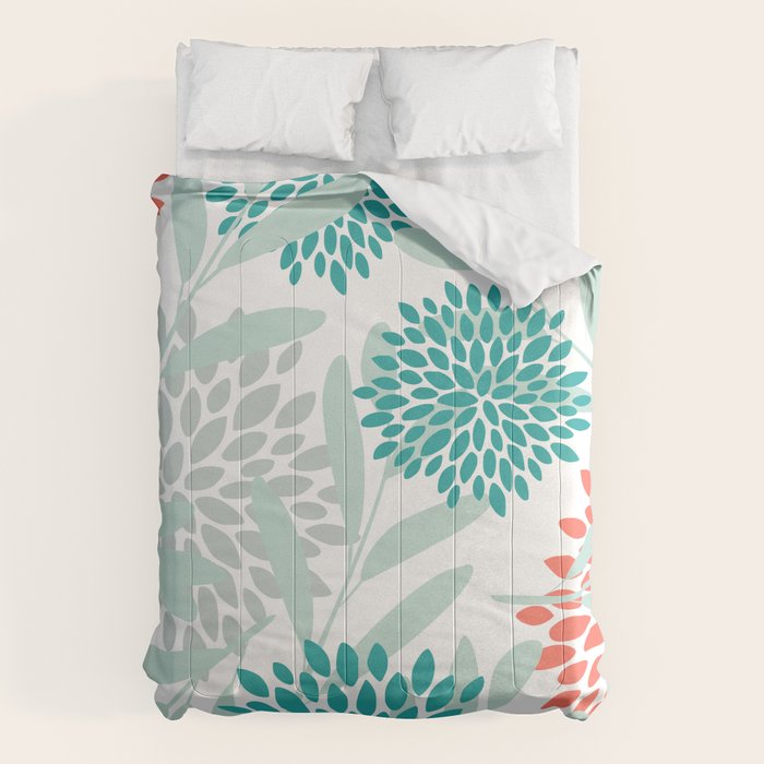 Festive, Floral Leaves and Blooms Coral, Teal Green and White Comforter Gallery Image 6