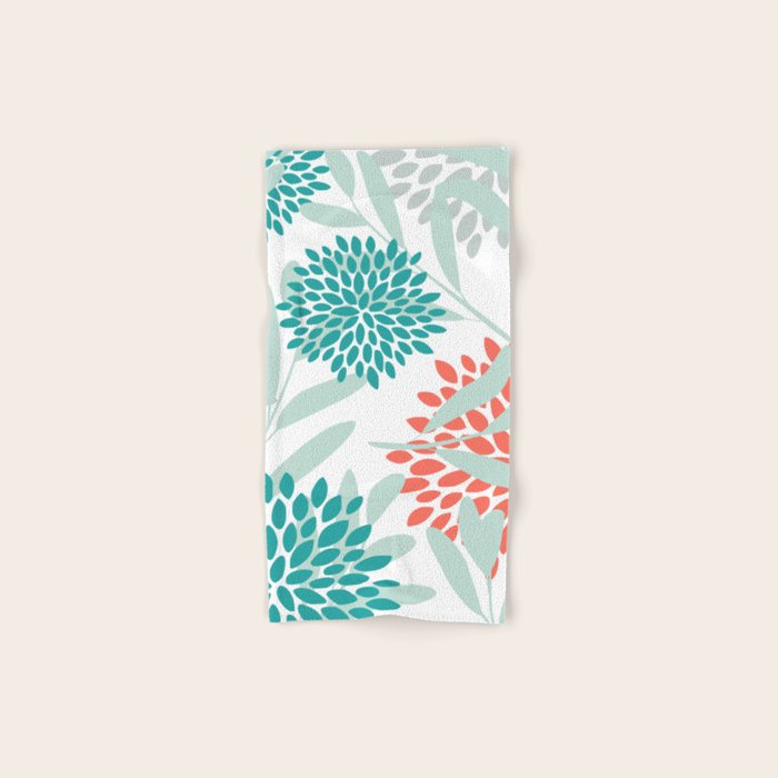 Festive, Floral Leaves and Blooms Coral, Teal Green and White Bath Towel Gallery Image 1