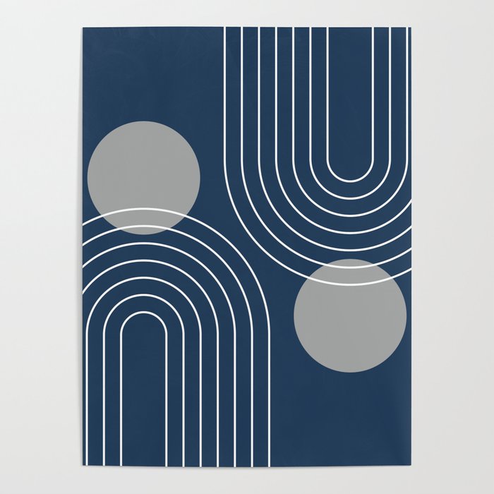 Mid Century Modern Geometric 106 in Navy Blue and Grey (Rainbow and Sun Abstraction) Poster Gallery Image 4