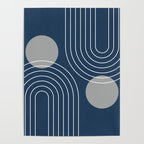Mid Century Modern Geometric 106 in Navy Blue and Grey (Rainbow and Sun Abstraction) Poster Gallery Image 4