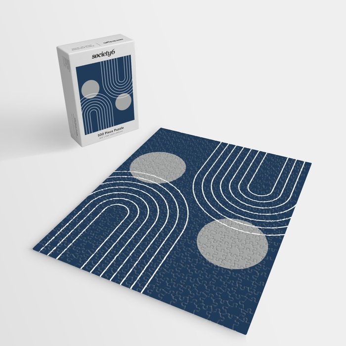 Mid Century Modern Geometric 106 in Navy Blue and Grey (Rainbow and Sun Abstraction) Jigsaw Puzzle Gallery Image 2