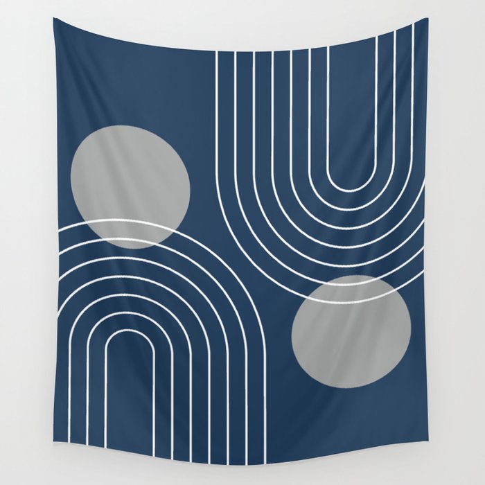 Mid Century Modern Geometric 106 in Navy Blue and Grey (Rainbow and Sun Abstraction) Wall Tapestry Gallery Image 1