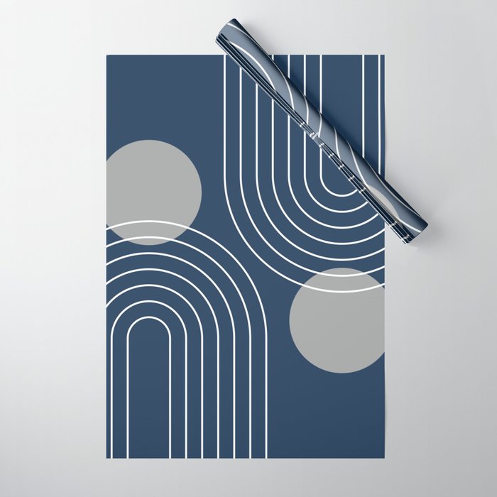Mid Century Modern Geometric 106 in Navy Blue and Grey (Rainbow and Sun Abstraction) Wrapping Paper Gallery Image 1