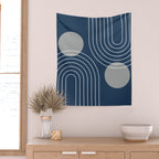 Mid Century Modern Geometric 106 in Navy Blue and Grey (Rainbow and Sun Abstraction) Wall Tapestry Gallery Image 2