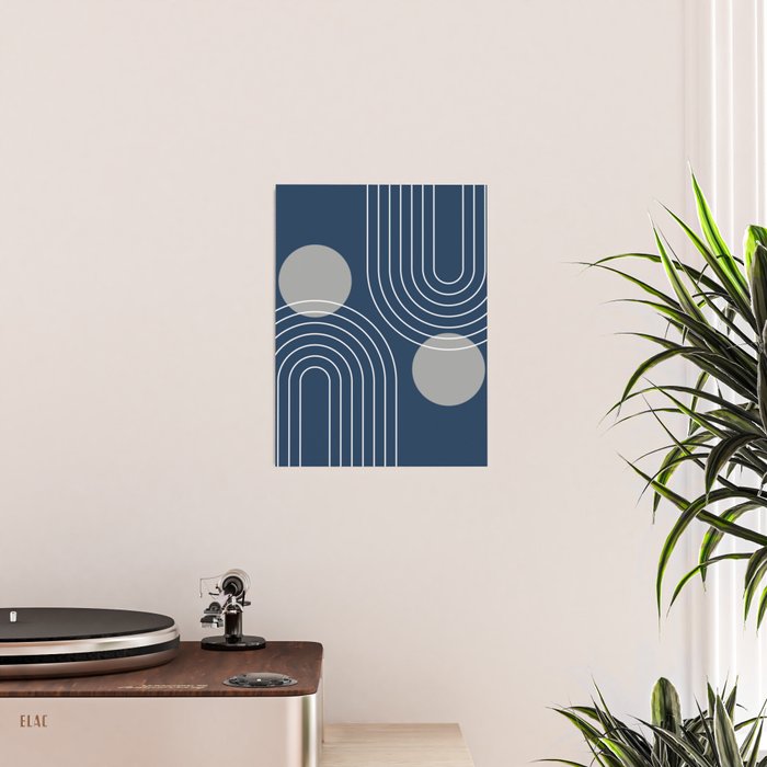 Mid Century Modern Geometric 106 in Navy Blue and Grey (Rainbow and Sun Abstraction) Poster Gallery Image 2