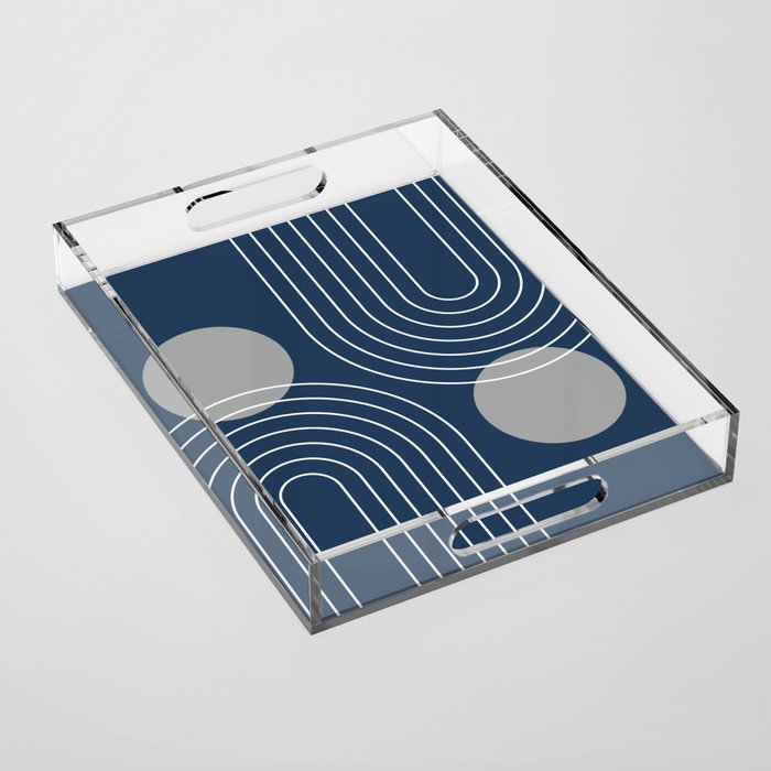 Mid Century Modern Geometric 106 in Navy Blue and Grey (Rainbow and Sun Abstraction) Acrylic Tray Gallery Image 1