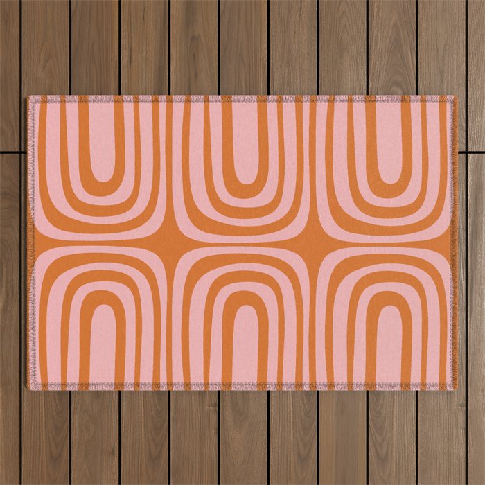 Midcentury Modern Confaab Abstract Pattern Blush Pink and Orange Outdoor Rug Gallery Image 1
