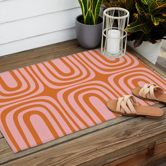 Midcentury Modern Confaab Abstract Pattern Blush Pink and Orange Outdoor Rug Gallery Image 2