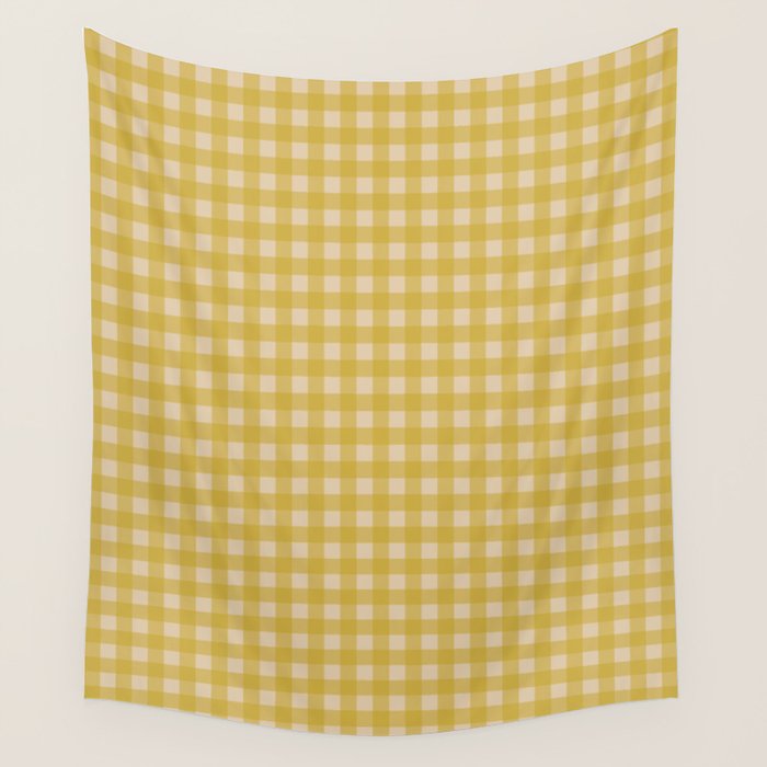 Gingham Check Pattern in Muted Mustard Yellow and Beige Wall Tapestry Gallery Image 4