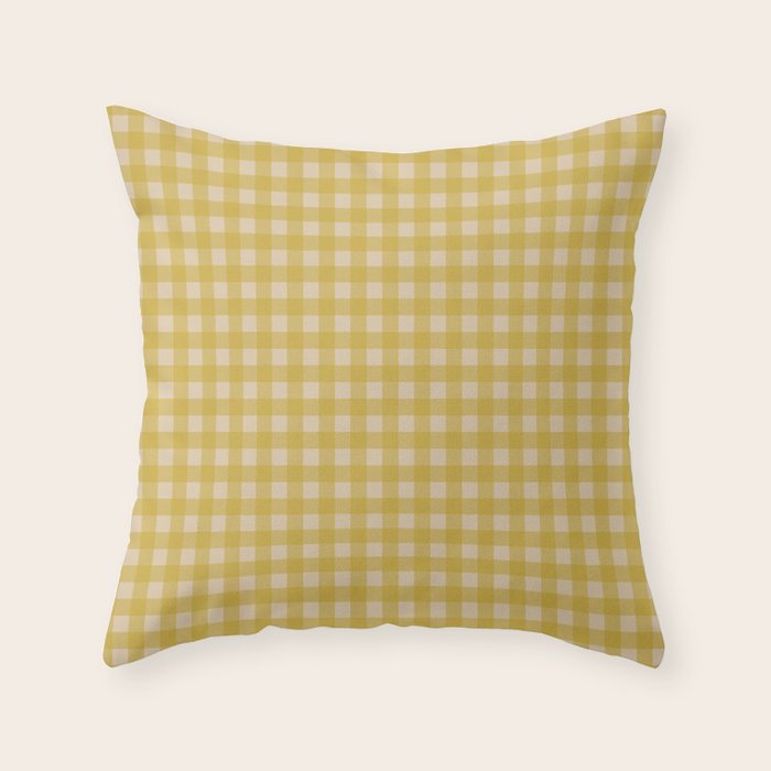 Gingham Check Pattern in Muted Mustard Yellow and Beige Throw Pillow Gallery Image 1
