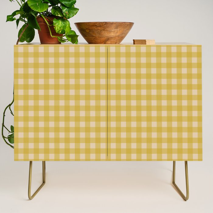 Gingham Check Pattern in Muted Mustard Yellow and Beige Credenza Gallery Image 1