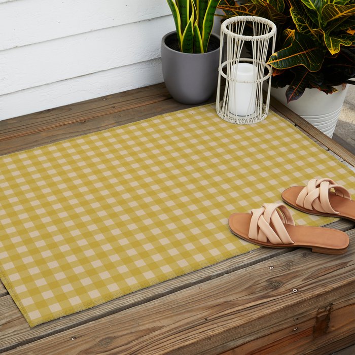 Gingham Check Pattern in Muted Mustard Yellow and Beige Outdoor Rug Gallery Image 2