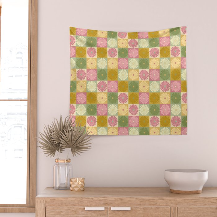 Retro Flowers Check Pattern XVII Wall Tapestry Gallery Image 2