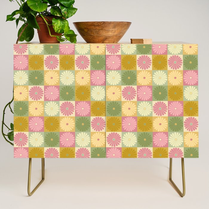 Retro Flowers Check Pattern XVII Credenza Gallery Image 1