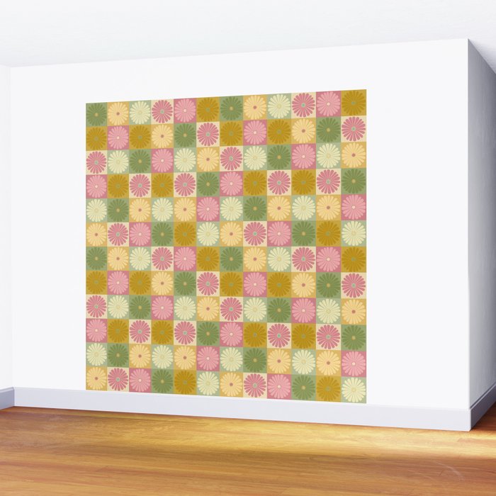 Retro Flowers Check Pattern XVII Wall Mural Gallery Image 2