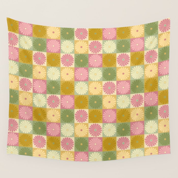 Retro Flowers Check Pattern XVII Wall Tapestry Gallery Image 1