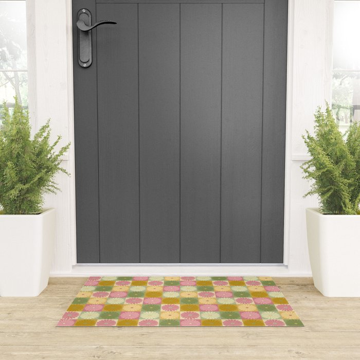 Retro Flowers Check Pattern XVII Welcome Mat Gallery Image 3