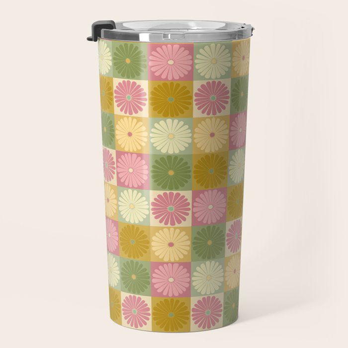 Retro Flowers Check Pattern XVII Travel Mug Gallery Image 3