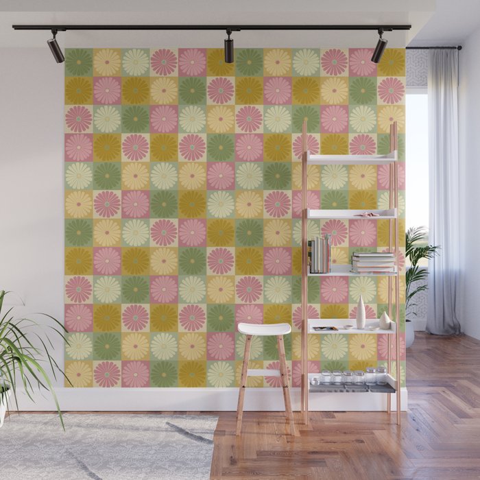 Retro Flowers Check Pattern XVII Wall Mural Gallery Image 1