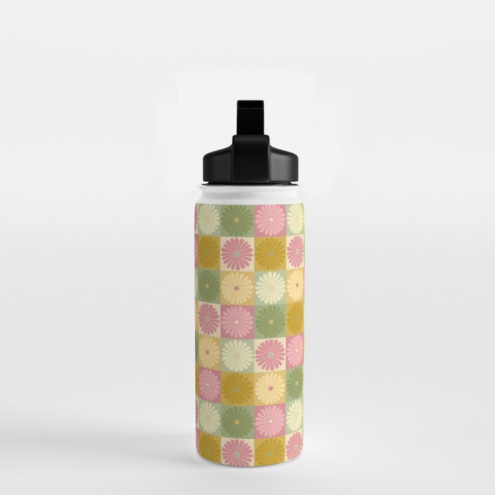 Retro Flowers Check Pattern XVII Water Bottle Gallery Image 2