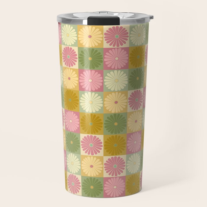 Retro Flowers Check Pattern XVII Travel Mug Gallery Image 1