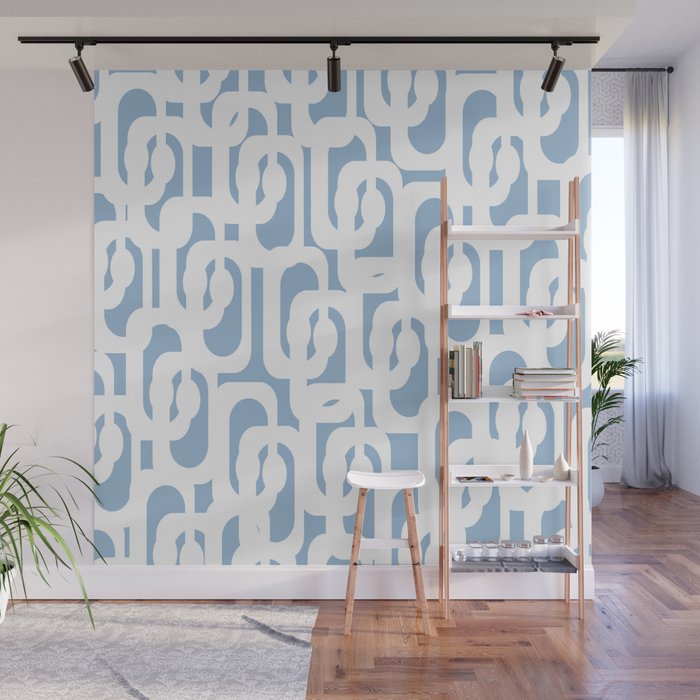 Mid Century Modern Baby Blue and White Abstract Loops Pattern Wall Mural Gallery Image 1
