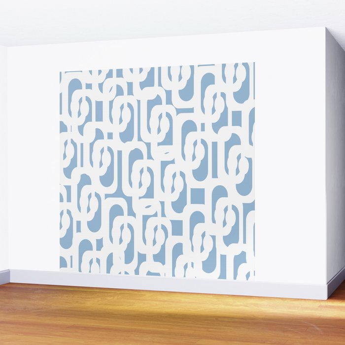Mid Century Modern Baby Blue and White Abstract Loops Pattern Wall Mural Gallery Image 2