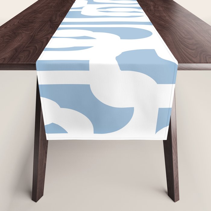 Mid Century Modern Baby Blue and White Abstract Loops Pattern Table Runner Gallery Image 1