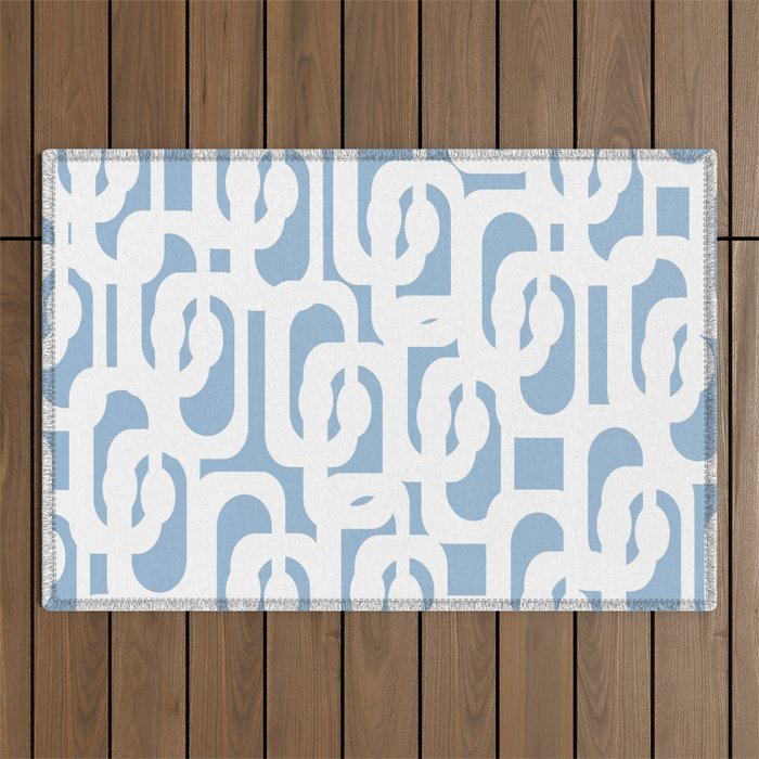 Mid Century Modern Baby Blue and White Abstract Loops Pattern Outdoor Rug Gallery Image 1