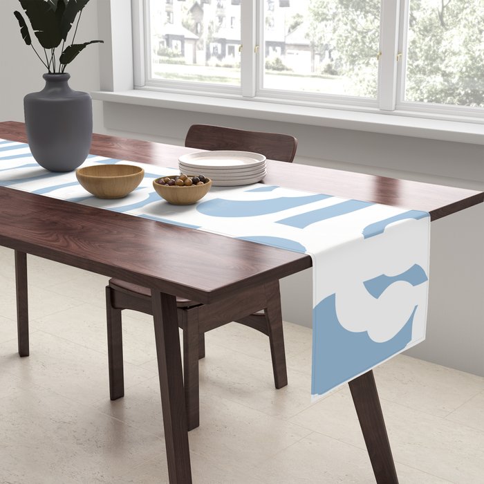 Mid Century Modern Baby Blue and White Abstract Loops Pattern Table Runner Gallery Image 2
