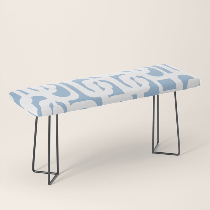 Mid Century Modern Baby Blue and White Abstract Loops Pattern Bench Gallery Image 1