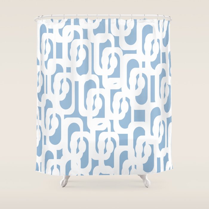 Mid Century Modern Baby Blue and White Abstract Loops Pattern Shower Curtain Gallery Image 1