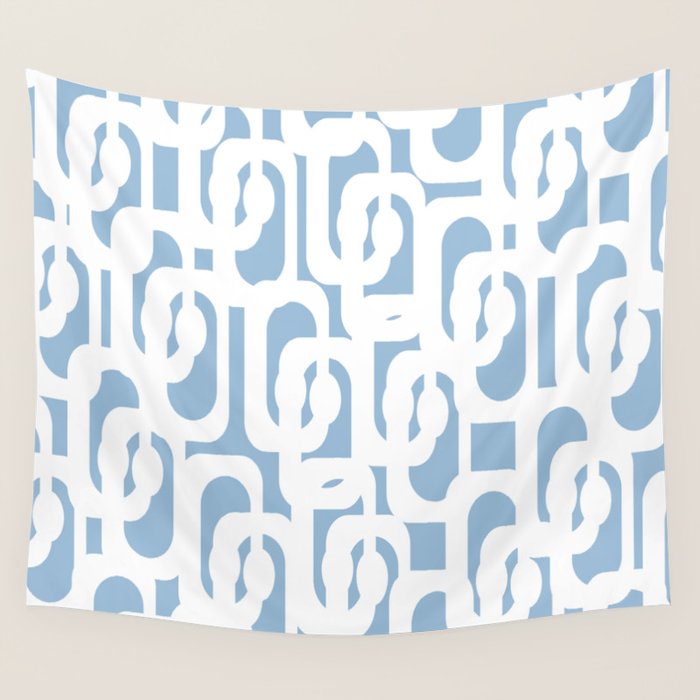 Mid Century Modern Baby Blue and White Abstract Loops Pattern Wall Tapestry Gallery Image 4