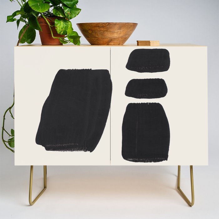 Mid Century Modern Minimalist Abstract Art Brush Strokes Black & White Ink Art Square Shapes Credenza Gallery Image 1