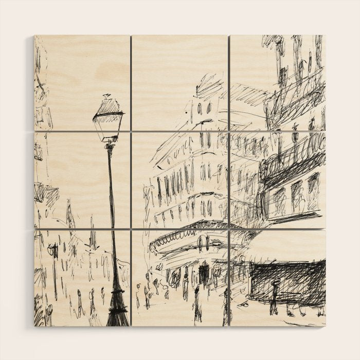 Sketch of a Street in Paris Wood Wall Art Gallery Image 1