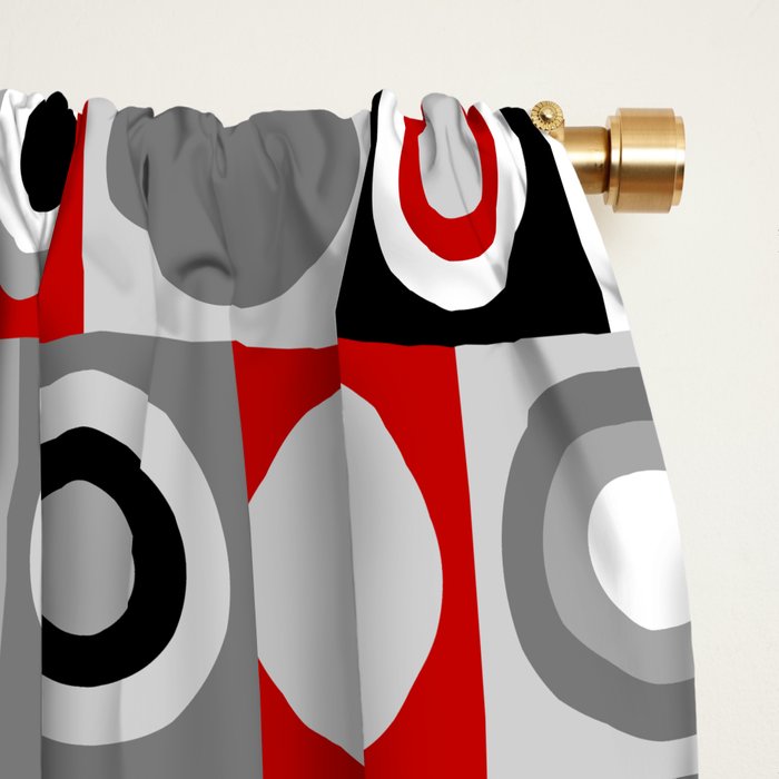Mid Century Modern Geometric Square and Circle Pattern // Red, Gray, Black and White Window Curtain Gallery Image 2