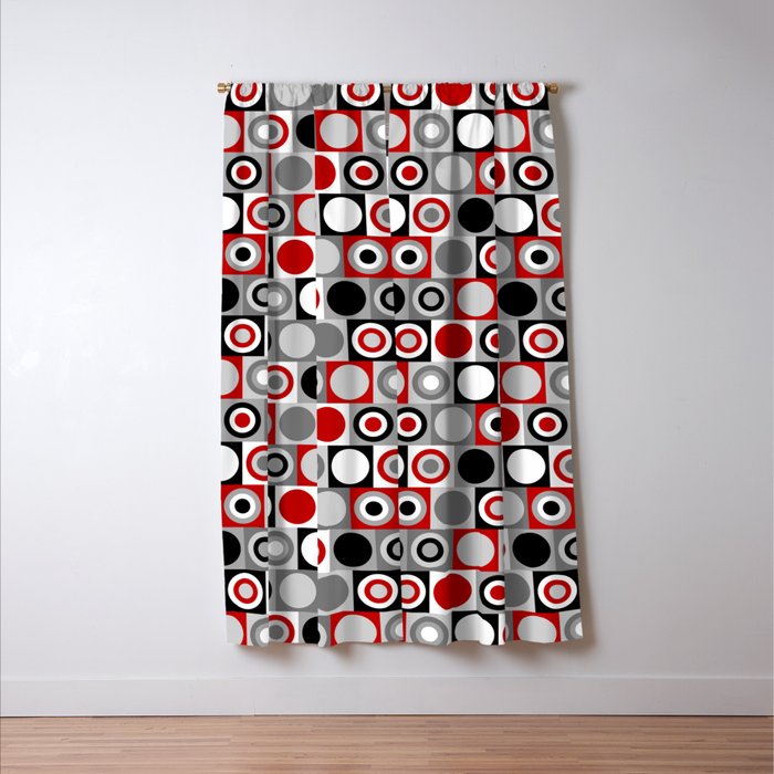 Mid Century Modern Geometric Square and Circle Pattern // Red, Gray, Black and White Window Curtain Gallery Image 3