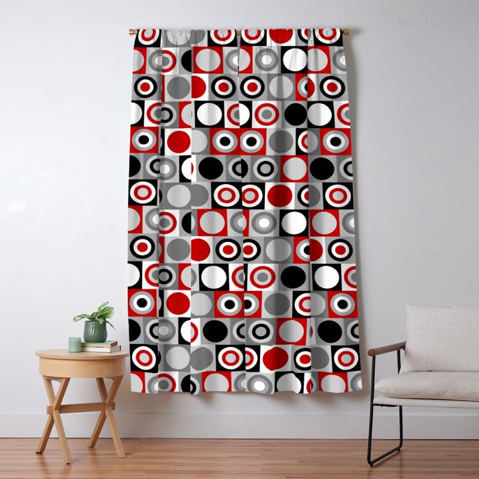 Mid Century Modern Geometric Square and Circle Pattern // Red, Gray, Black and White Window Curtain Gallery Image 1